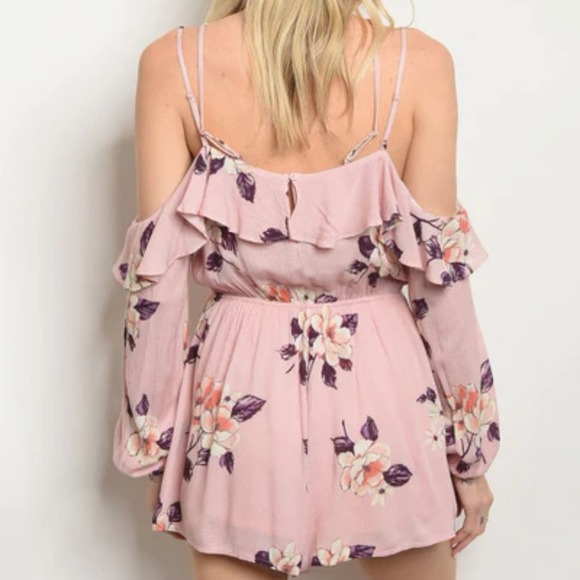 NWT London Blush Off Shoulder Strappy Ruffle Floral Romper Playsuit Small - Picture 4 of 11